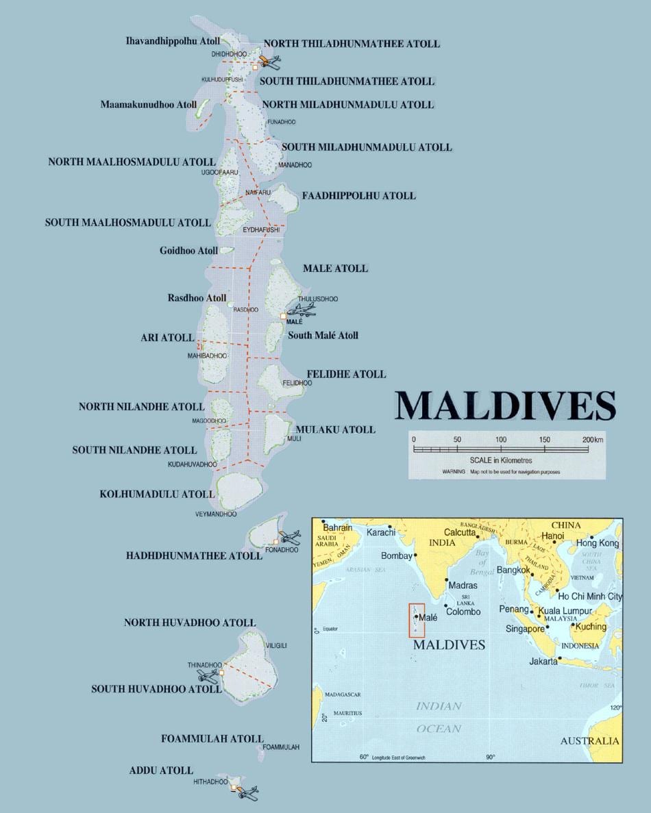 mapa na maldivima fizički 